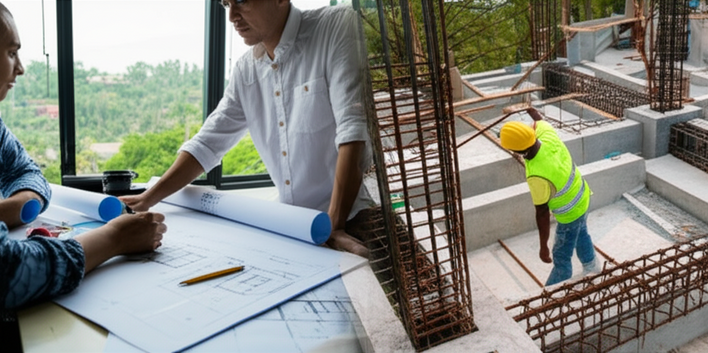Visual representation of the various stages involved in building construction in Bali, from design consultation to construction management.