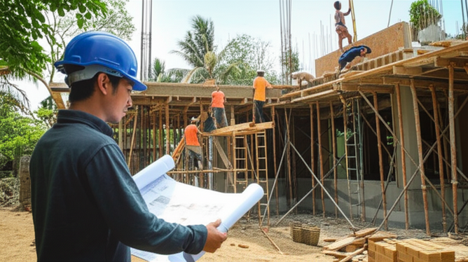 Construction workers collaborating on a modern villa in Bali, showcasing problem-solving and collaboration in the face of local challenges.