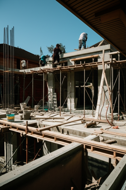 Construction site in Bali, showcasing a villa under construction with Balinese architectural elements and local workers.