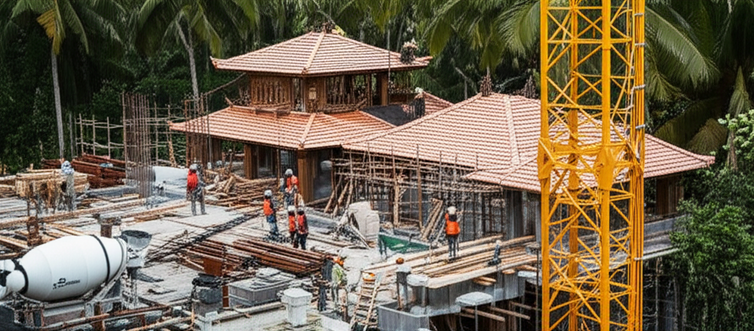 Construction site in Bali, showcasing a general contractor's project with Balinese architectural elements and workers.