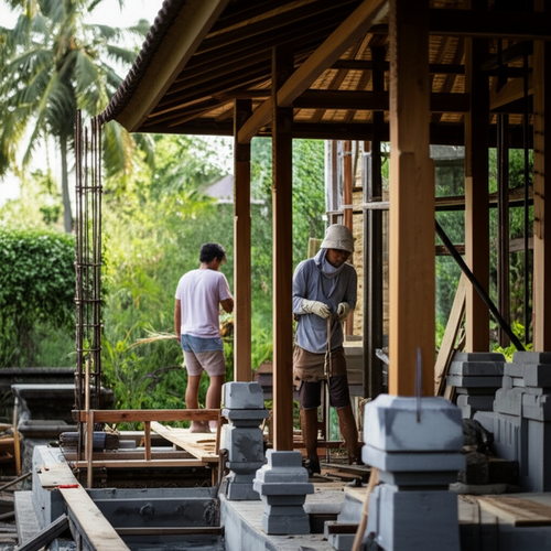Construction of a modern villa in Bali, showcasing local craftsmanship and sustainable building practices.