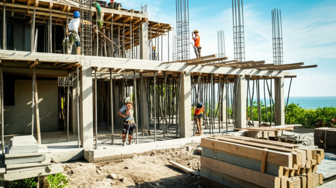 Construction of a luxury villa in Bali, highlighting the contractor's expertise and integration with the local environment.