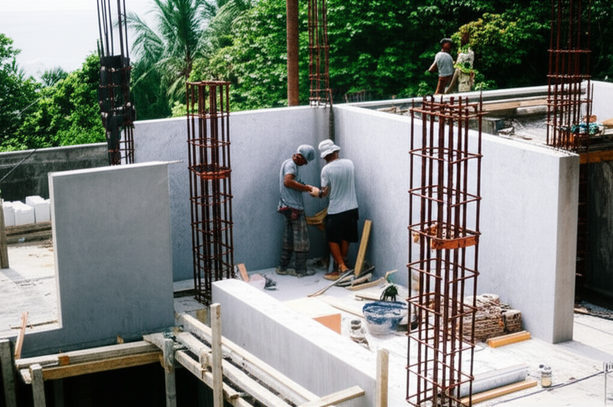 Construction of a modern villa in Bali, Indonesia, showcasing craftsmanship and a tropical environment.