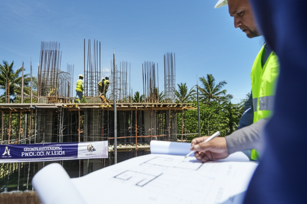 Construction workers collaborating on a project in Bali, Indonesia, showcasing teamwork and quality craftsmanship.