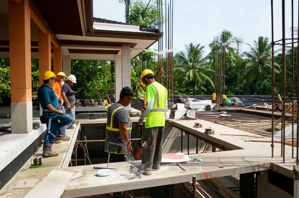 Construction site of a luxury villa in Bali, showcasing quality craftsmanship and a diverse team of workers.