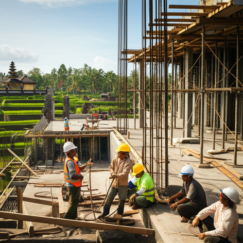 Illustration of a construction project in Bali, showcasing the integration of local artisans, modern construction techniques, and the Balinese environment.
