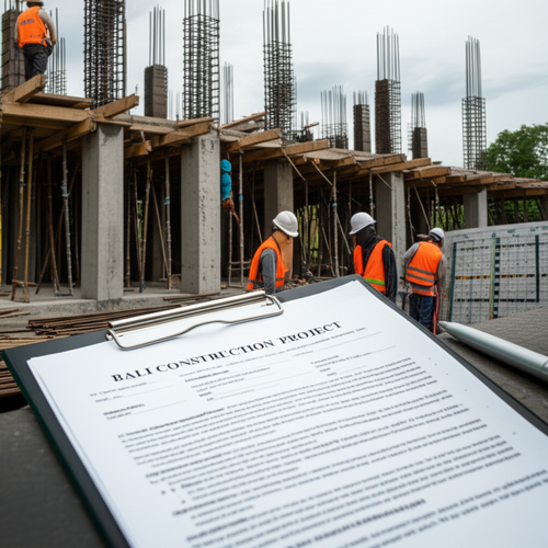 Construction site in Bali with a detailed construction contract and Balinese workers