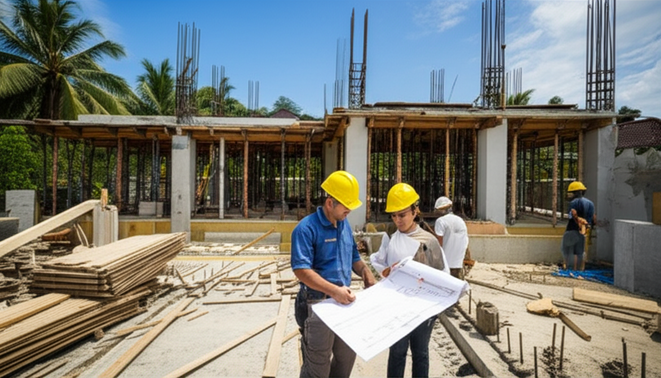 Construction of a villa in Bali, showcasing the project lifecycle with a general contractor overseeing the work.