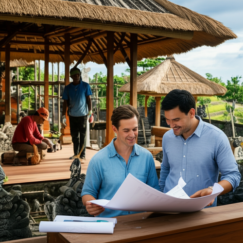 Illustration of a construction project in Bali with a local contractor and workers, highlighting the benefits of local expertise.
