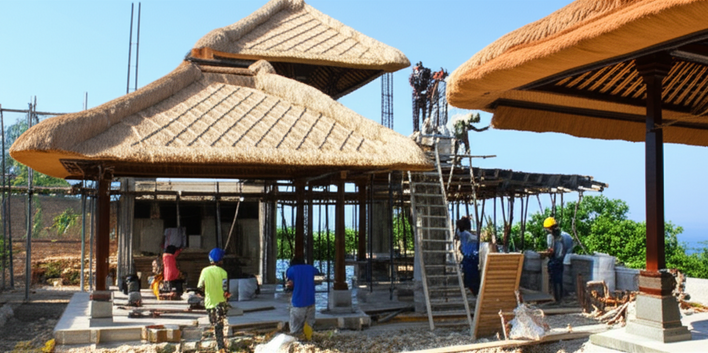 Illustration of a construction project in Bali, showcasing local contractors managing a villa build.