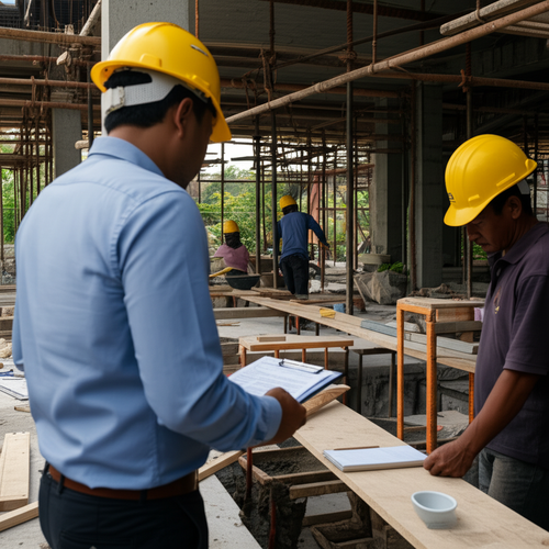 Project manager overseeing construction work in Bali, Indonesia, with workers and construction elements.
