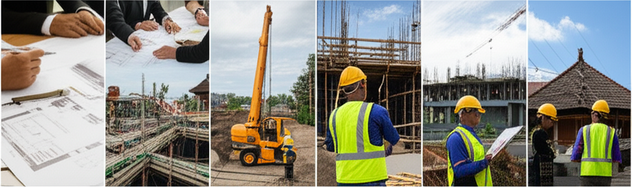 Illustration of the five phases of a construction project in Bali: Planning, Pre-construction, Construction Execution, Quality and Safety Management, and Documentation and Closeout.