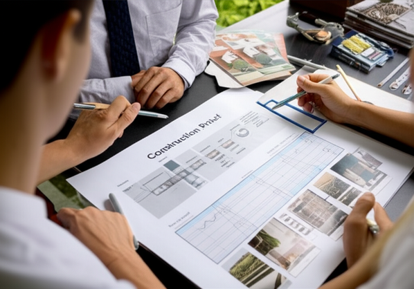 Illustration showing the steps involved in planning a construction project in Bali, including scope of work, budget allocation, timeline, design, and functional requirements.