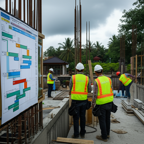 Construction workers in Bali working on a construction site with a Gantt chart showing project schedule and deadlines.