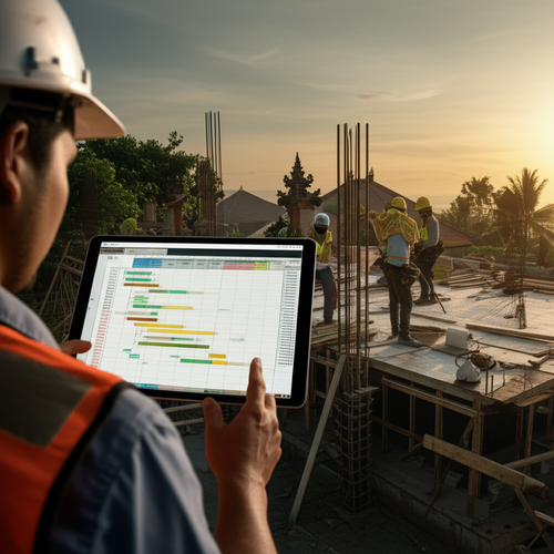 Gantt chart showing a detailed construction timeline for a project in Bali, highlighting phases and milestones.