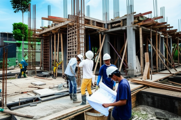 Workers inspecting construction in Bali, showcasing quality control measures.