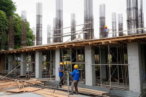 Construction quality control in Bali, showcasing modern techniques, local materials, and sustainable design.