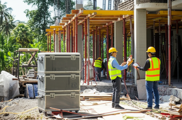 Construction site in Bali with a project manager inspecting work, emphasizing quality control and safety.