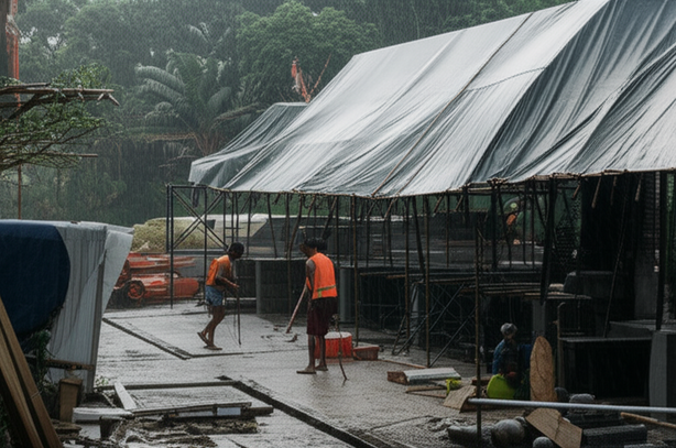 Construction site in Bali during the rainy season, illustrating risk management challenges.