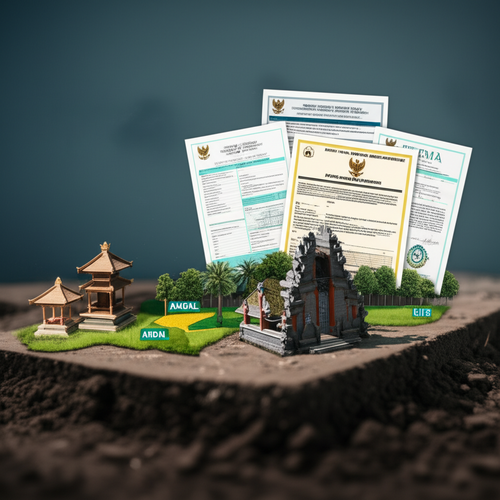 Illustration of the legal and operational framework for construction in Bali, showcasing permits, licenses, and land ownership considerations.