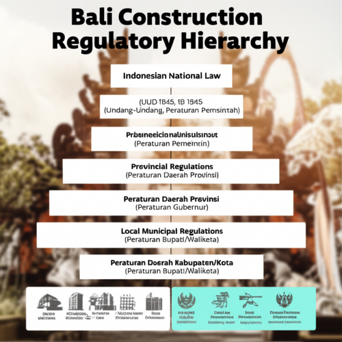Infographic illustrating the hierarchy of building and construction regulations in Bali, from national laws to local municipal decrees.