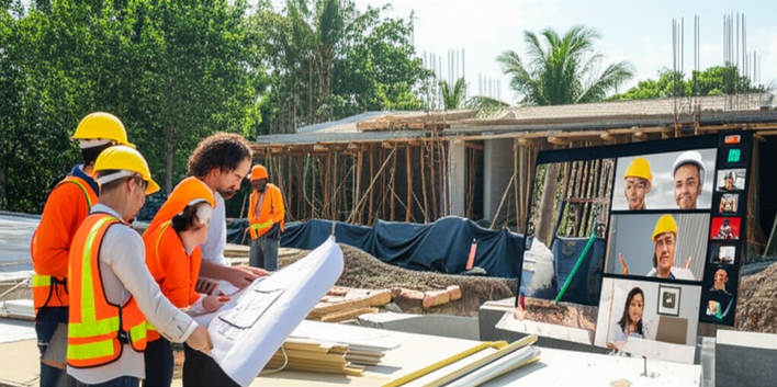 Construction site in Bali, showcasing risk management, communication, and quality control efforts, including worker collaboration, architectural plans, quality inspections, and environmental protection.