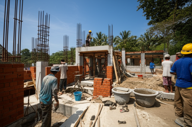 Construction site in Bali, Indonesia, showing a partially built villa with workers, representing the role of a general contractor.