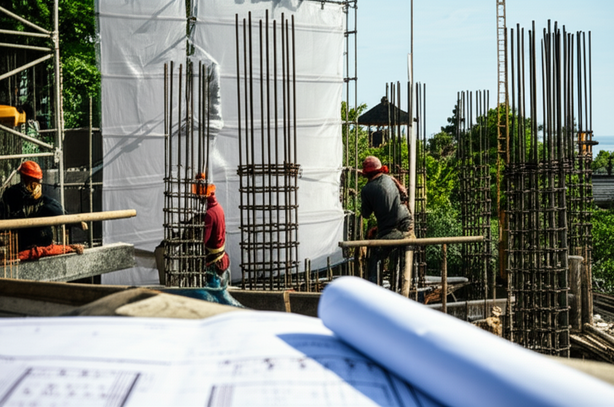 Construction site in Bali with workers, tropical vegetation, and elements of Balinese culture.
