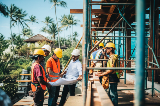 Construction workers in Bali building a new structure, showcasing project management and safety protocols.