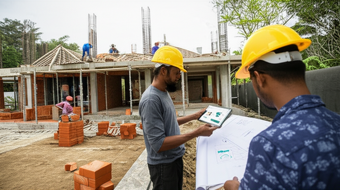 Construction site in Bali showcasing general contractor project management, with workers building a luxury villa.