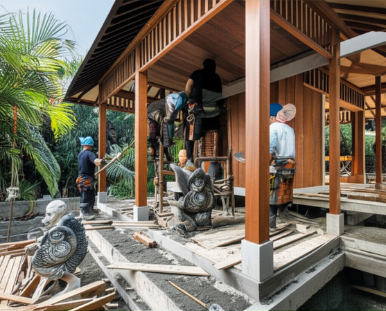Construction site in Bali, showcasing a villa under construction with Balinese workers.
