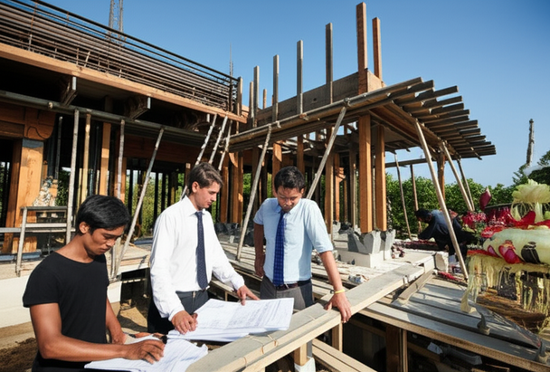 Construction site in Bali with Balinese workers building a wooden villa. A project manager reviews blueprints with a worker.