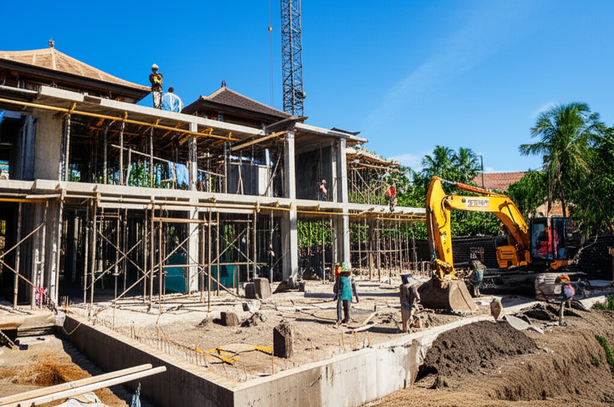 Construction site in Bali showing a luxury villa being built with a blend of traditional and modern styles, emphasizing quality and expertise.