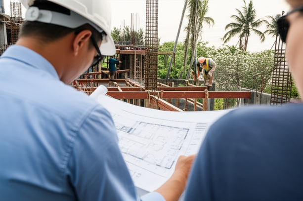 Construction of a modern villa in Bali, showcasing project management, various tradespeople, and the tropical environment.