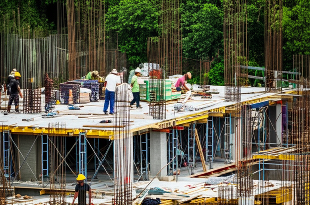 A construction site in Bali, Indonesia, showcasing a team of workers building a commercial building with attention to detail and safety.