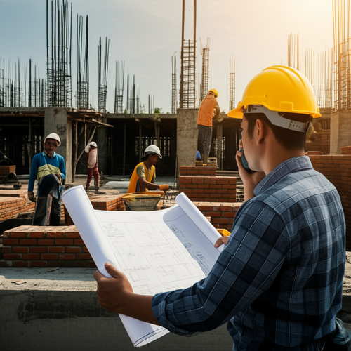 Construction site in Bali with a construction manager overseeing workers, emphasizing project management and quality control.