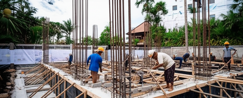 Construction of a luxury villa in Bali, emphasizing solid foundations and commitment to quality.