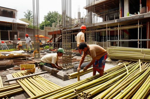 Construction project in Bali utilizing local and sustainable materials and practices, with Balinese artisans at work.