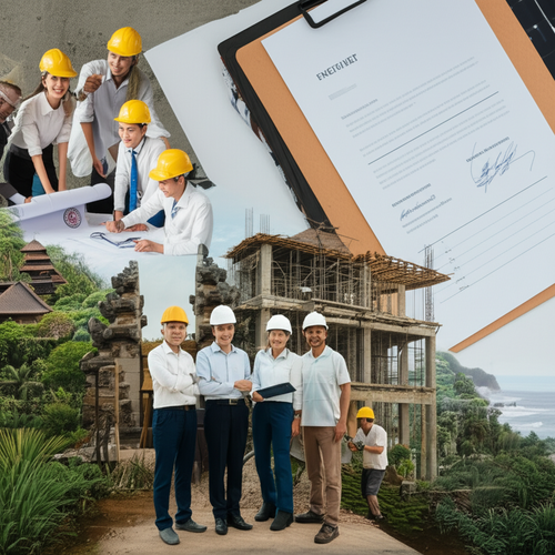 Illustration of a team of local professionals collaborating on a construction project in Bali: architect, notary, legal consultant, and contractor.