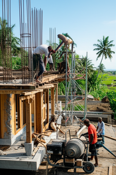 Construction site in Bali, showing a villa under construction with traditional Balinese architecture, workers collaborating, and the beautiful natural surroundings.