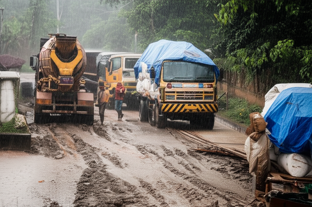 Construction site in Bali during the rainy season, illustrating the challenges of heavy rain, muddy conditions, and hampered progress.