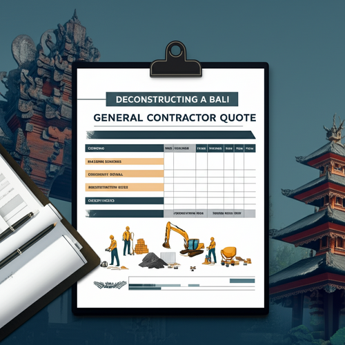 Illustration breaking down the components of a general contractor quote in Bali, including materials, labor, permits, and contingency fund.