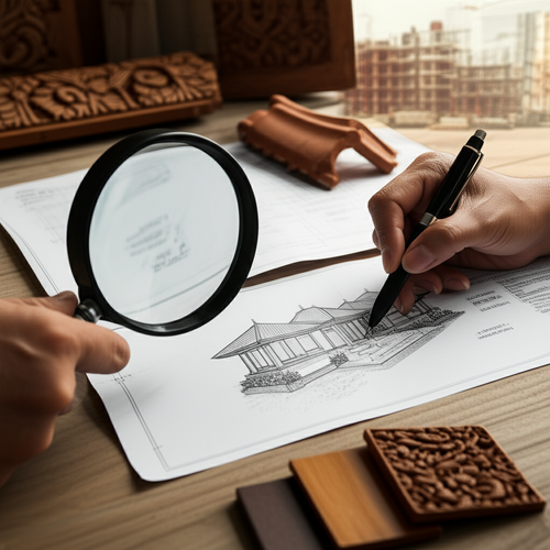 Illustration of a client discussing architectural plans with a contractor in Bali, highlighting the importance of clear communication and detailed scope of work.