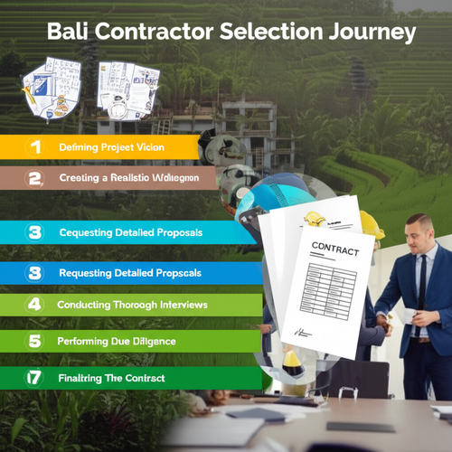 Infographic illustrating the steps involved in selecting a contractor for a construction project in Bali, from defining project vision to finalizing the contract.