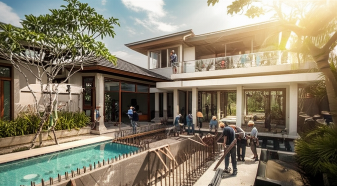 Balinese villa under construction, illustrating comprehensive contractor services, including design, construction, and landscaping.