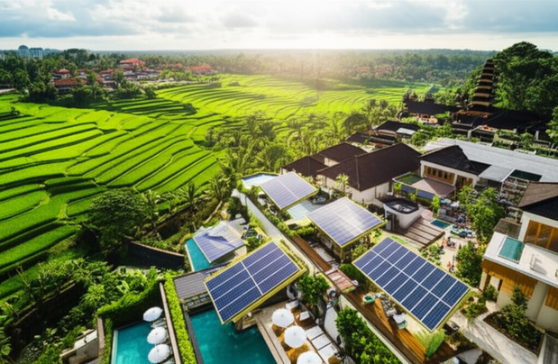 Aerial view of Bali showing the intersection of modern resorts and traditional Balinese architecture, highlighting sustainable practices and cultural preservation.