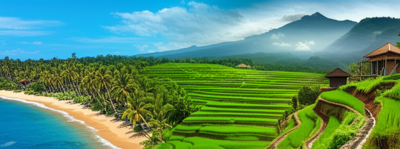 Panoramic view of Bali's diverse landscapes, highlighting the different environments and their impact on construction projects: beach, rice paddies, and volcanic highlands.