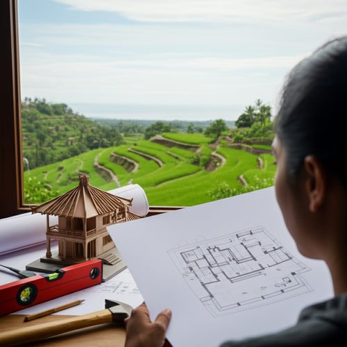 Illustration depicting the initial planning stages of a Bali villa, showcasing architectural planning against a backdrop of rice paddies and ocean views.
