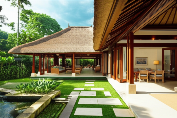 A stunning Bali villa showcasing Balinese architectural influences with open-plan living, a thatched roof, and integration with the natural environment.