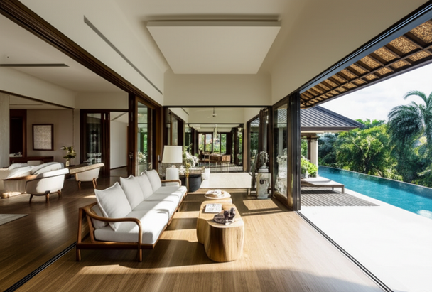 Interior design of a luxurious Balinese villa with an open living space, terrace, and pool.